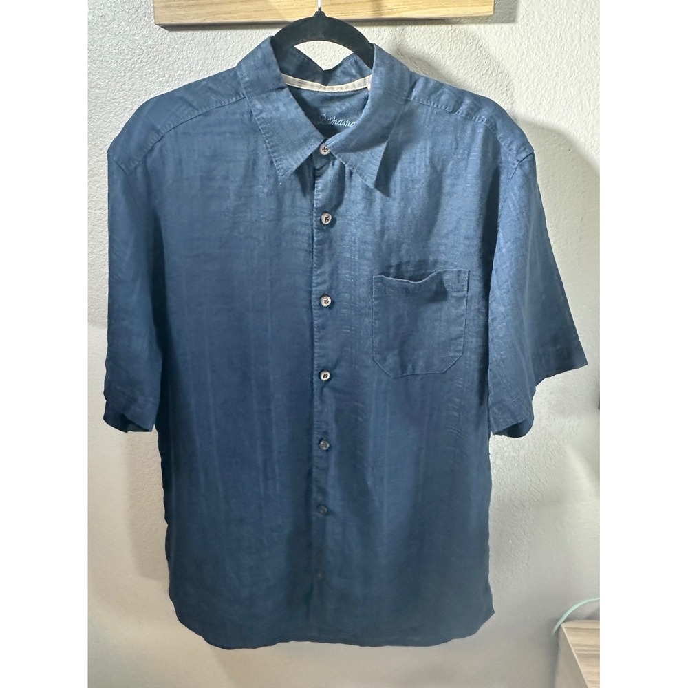 Tommy Bahama Mens Large Blue 100% Linen Short Sleeve Button Down Shirt Stripe
